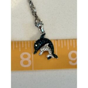 SUN Sterling Silver 925 Round-Cut Blue White Diamond Dolphin Pendant & 925 Chain